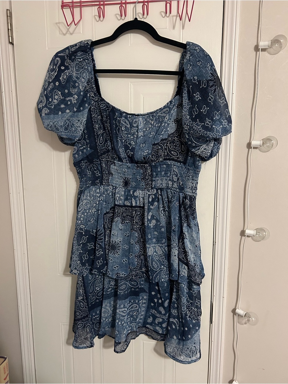 Trixxi Blue Paisley Patchwork Puff-Sleeve Mini Dress